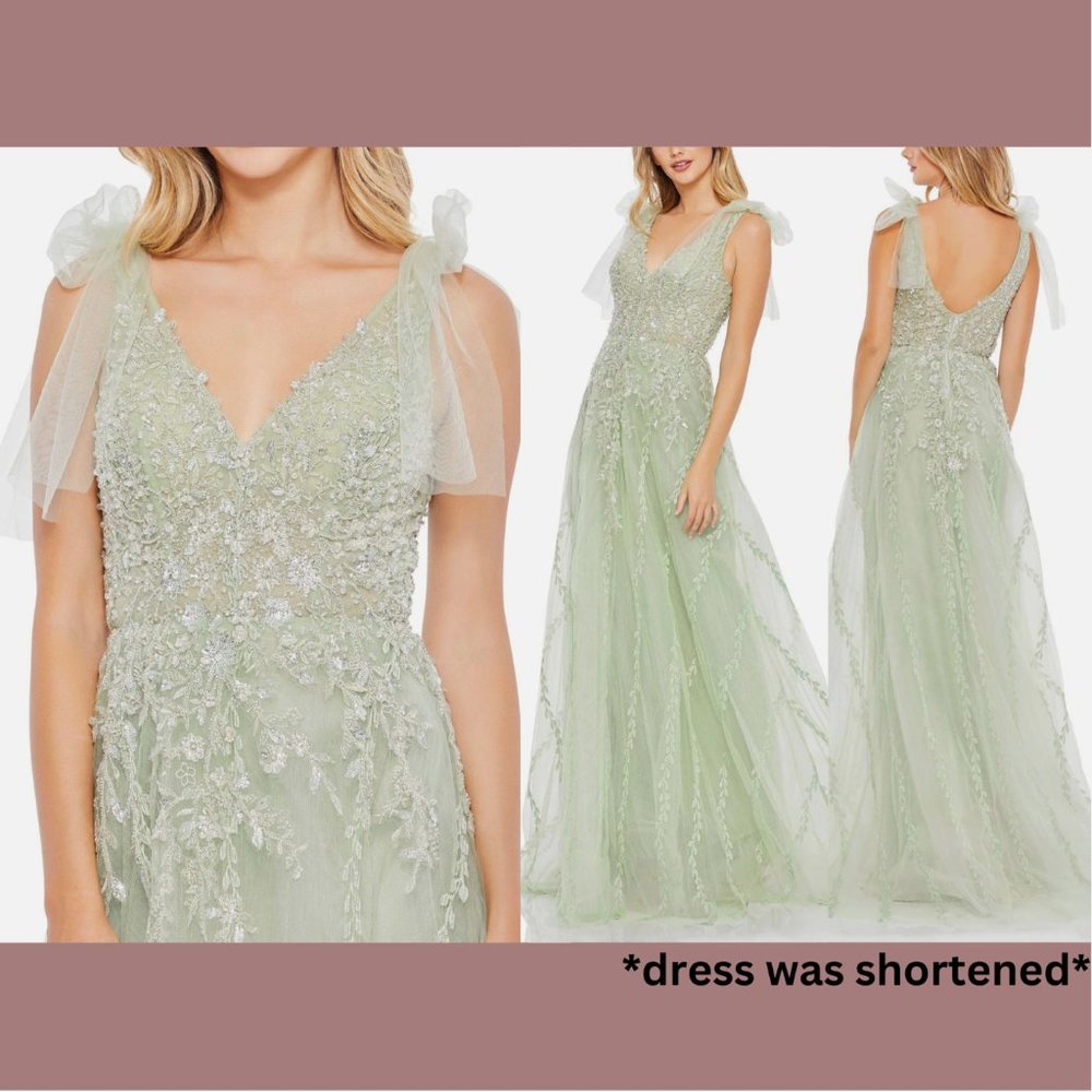 NWT $600 Mac Duggal Embellished Soft Tie Sleeveless V Neck Gown Sage Green SZ 12